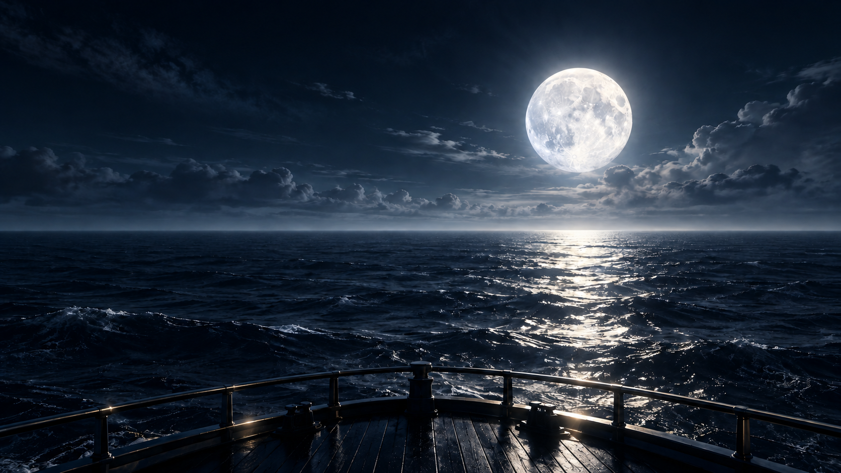 Silver moon over an open ocean from the forward deck